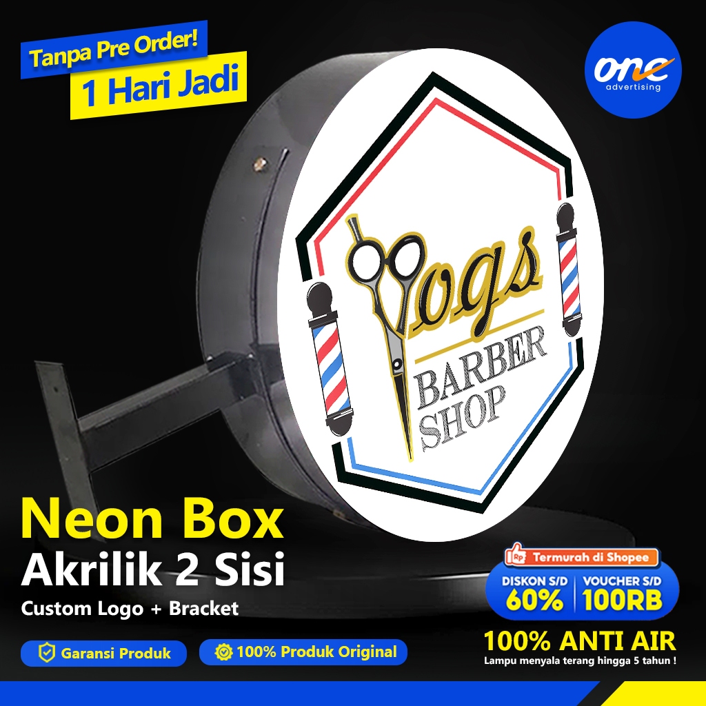 Neon Box Barbershop Akrilik 2sisi Outdoor Siap Pasang (Free Request Desain)