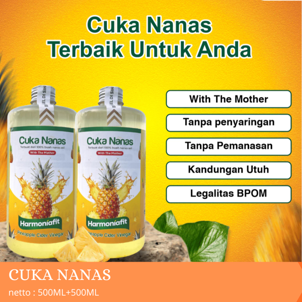 

PAKET HEMAT CUKA NANAS ORIGINAL ORGANIK 500ML+500ML PINEAPPLE CIDER VINEGAR WITH MOTHER HARMONIAFIT