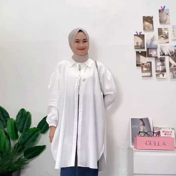 EMWEHA - Long Outer Wanita Tali Depan Lengan Balon Polo Linen Nara