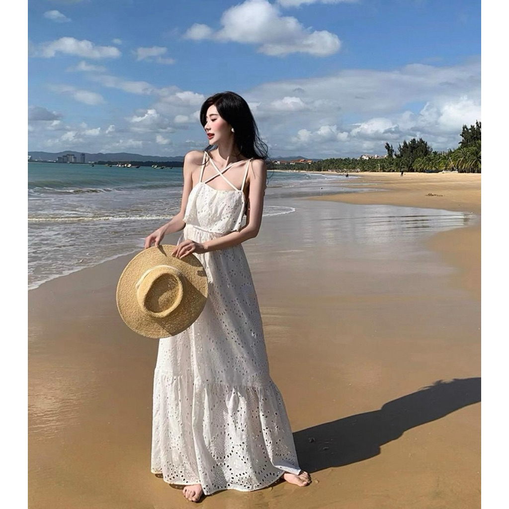 Emmeline Dress Eyelet Summer Casual Sweet Holiday Korean Dinner Party White