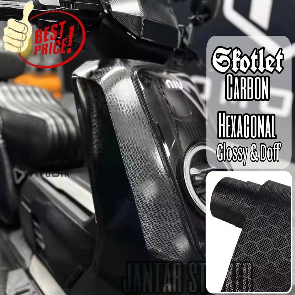 Sticker Scotlite Carbon Hexagonal Hitam Super Glossy Seri Pet Lebar 50 cm dan 150 cm Bisa Untuk Moto
