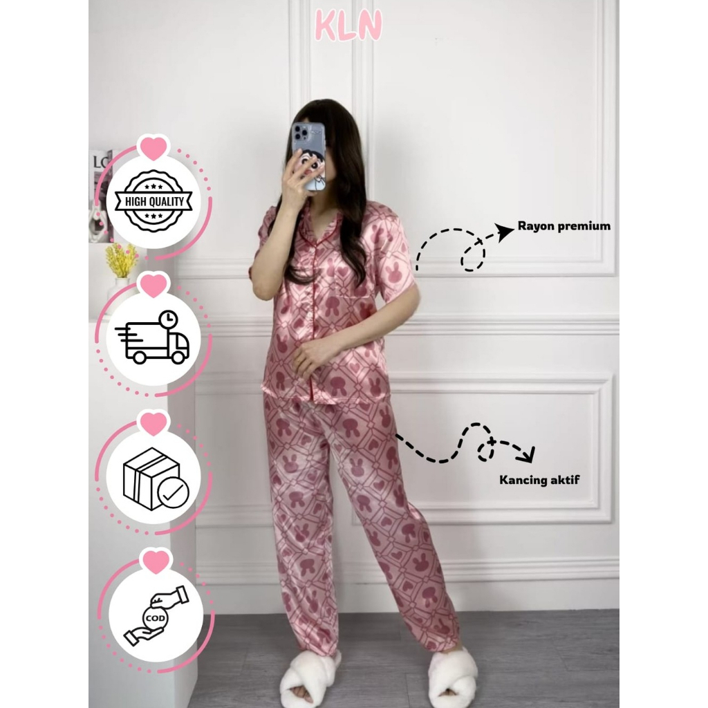 Piyama Wanita Satin | Lengan Pendek Celana Panjang | Piyama kekinian korean style | Bahan Premium