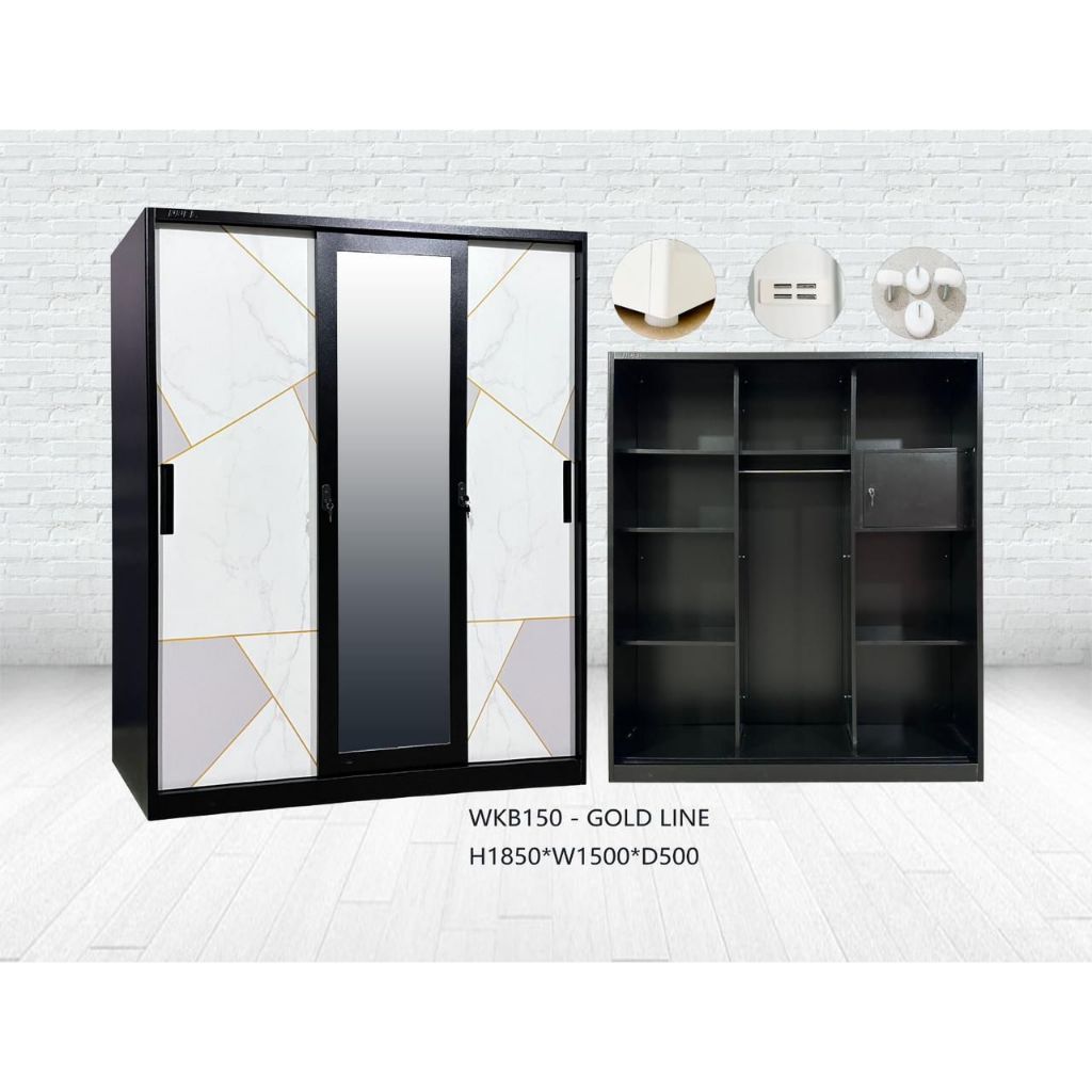 NUEL. Lemari Pakaian Bahan Besi 3 Pintu Sliding - Lemari Baju Besi 3 Pintu - Lemari Baju Besi Slidin