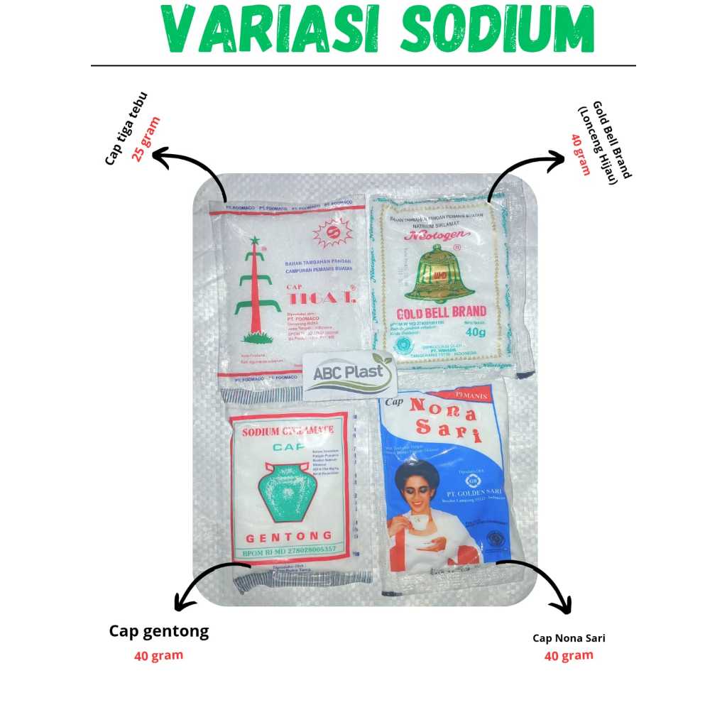 

Sodium Cyclamate Natrium Sodium Pemanis Buatan Makanan Minuman Cap Nona Sari, Gold Bell Brand Hijau Tiga tebu, Gentong 1 sachet