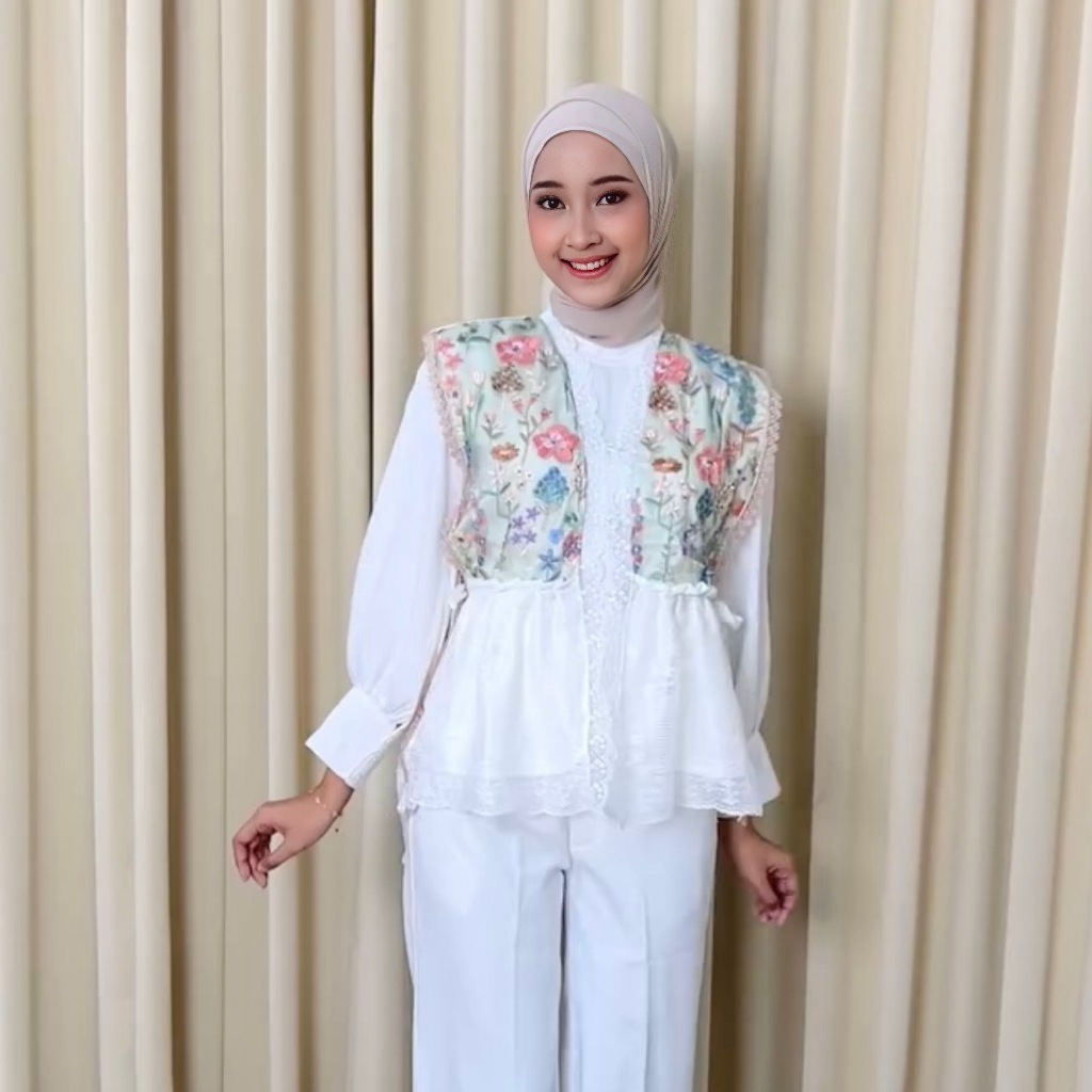 Delova Wardrobe - LUNA VEST Brukat Collection | Outer Rompi Modern Vintage Bordir Premium, Atasan Wanita Tali Renda Luaran Baju Pakaian Tulle Tile Lace Brokat Prada untuk Kondangan, Wisuda, Lebaran, Raya, dan Kebaya Kekinian - Viral Look