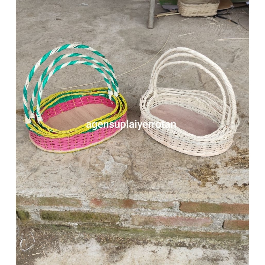 keranjang rotan ombak pakai tangkai 1 set isi 3 pcs keranjang hantaran keranjang seserahan murah