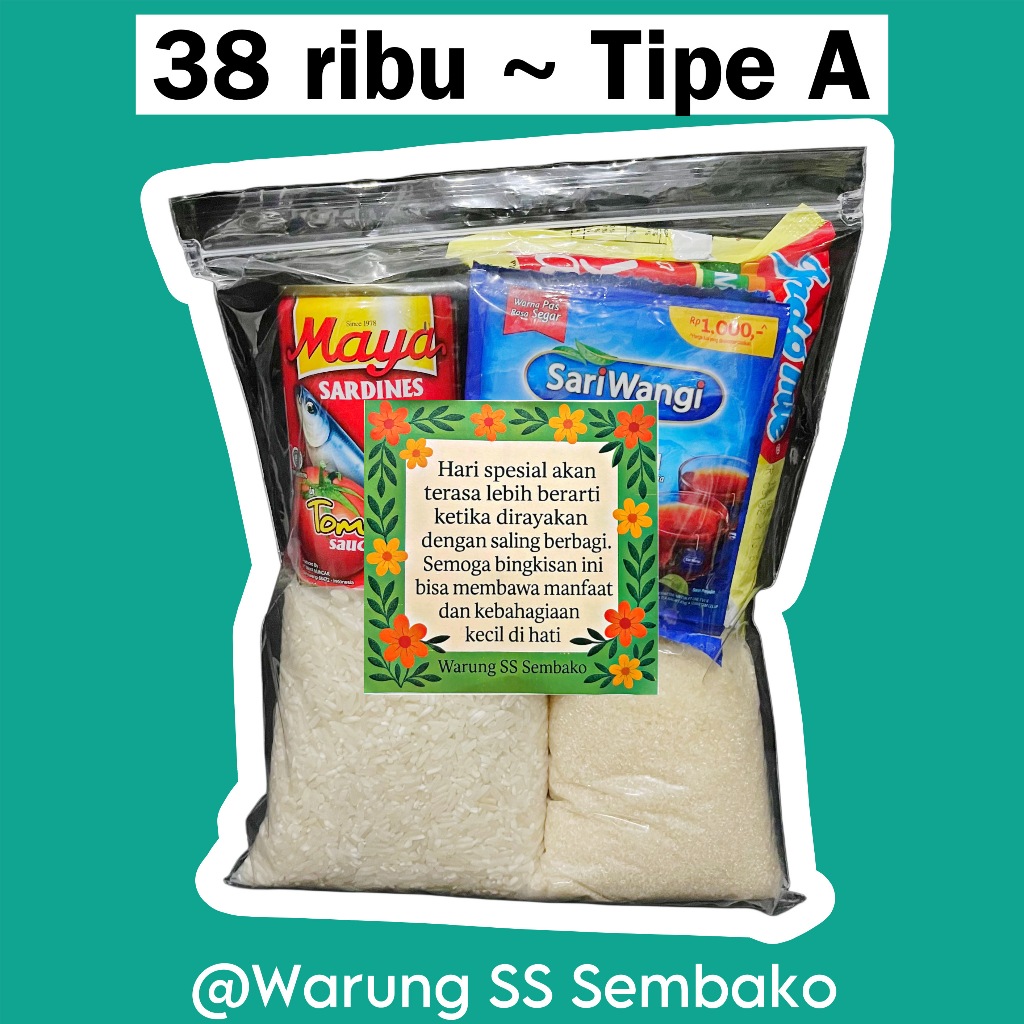 

Paket Sembako 38 ribu Tipe A - Hampers Bingkisan Hadiah Mini Gift Bahan Kebutuhan Pokok Beras Sarden Gula Indomie Lengkap Komplit Murah Hemat Tas Goodie Bag Plastik Klip