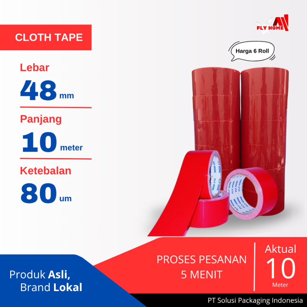 

FLYHOME LAKBAN JILID/KAIN MERAH 10 METER 48MM X 10METER 6 ROLL CLOTH TAPE UKURAN FULL