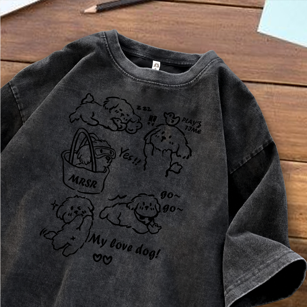 Korean Trend Tshirt Kaos Lengan Pendek | Motif Dogi | Kaos Oversize Warna Hitam Washed | 100% Cotton