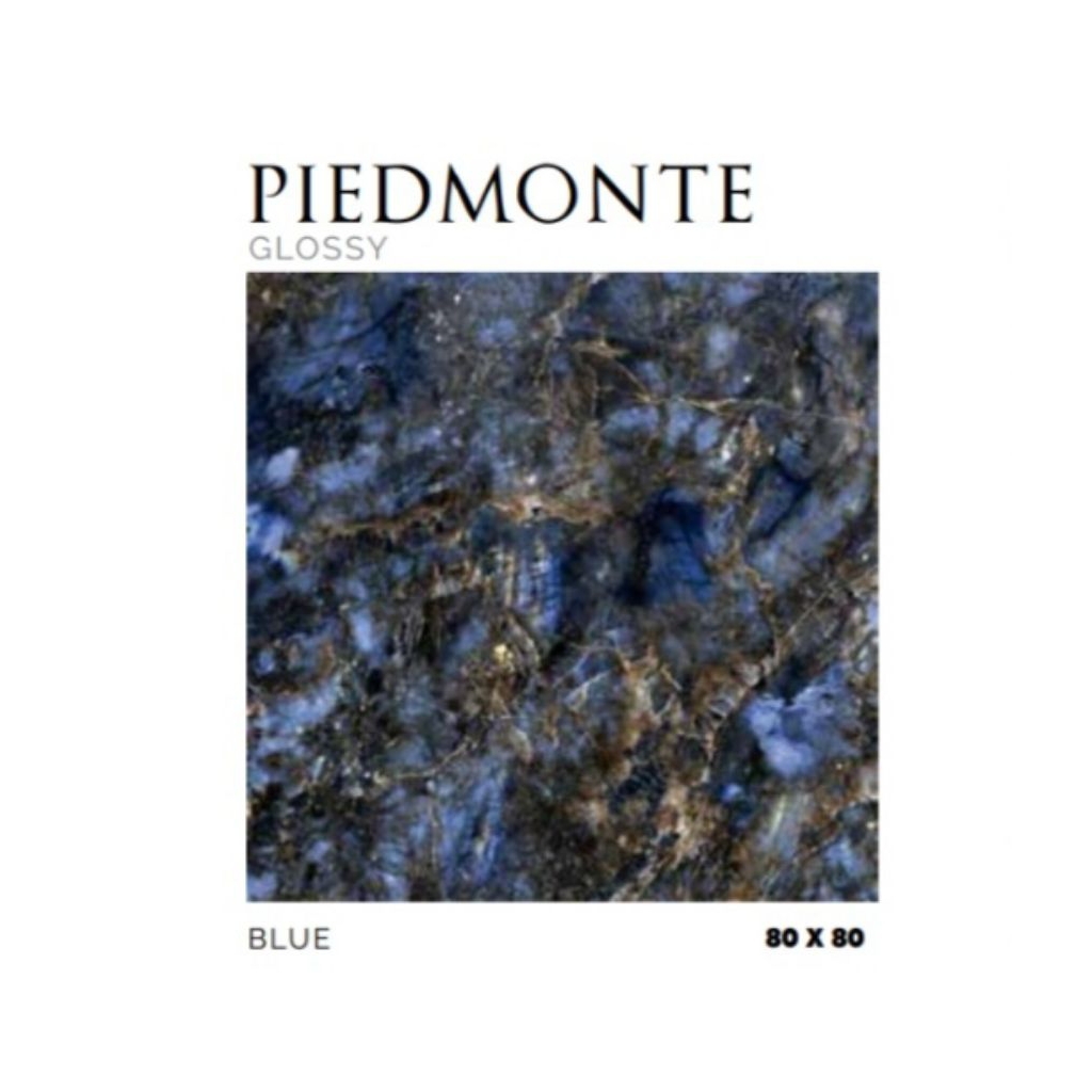 KERAMIK MERK PLATINUM TIPE PIEDMONTE BLUE UKURAN 80X80 WARNA BIRU MOTIF CORAK GALAXY PERMUKAAN TEKST