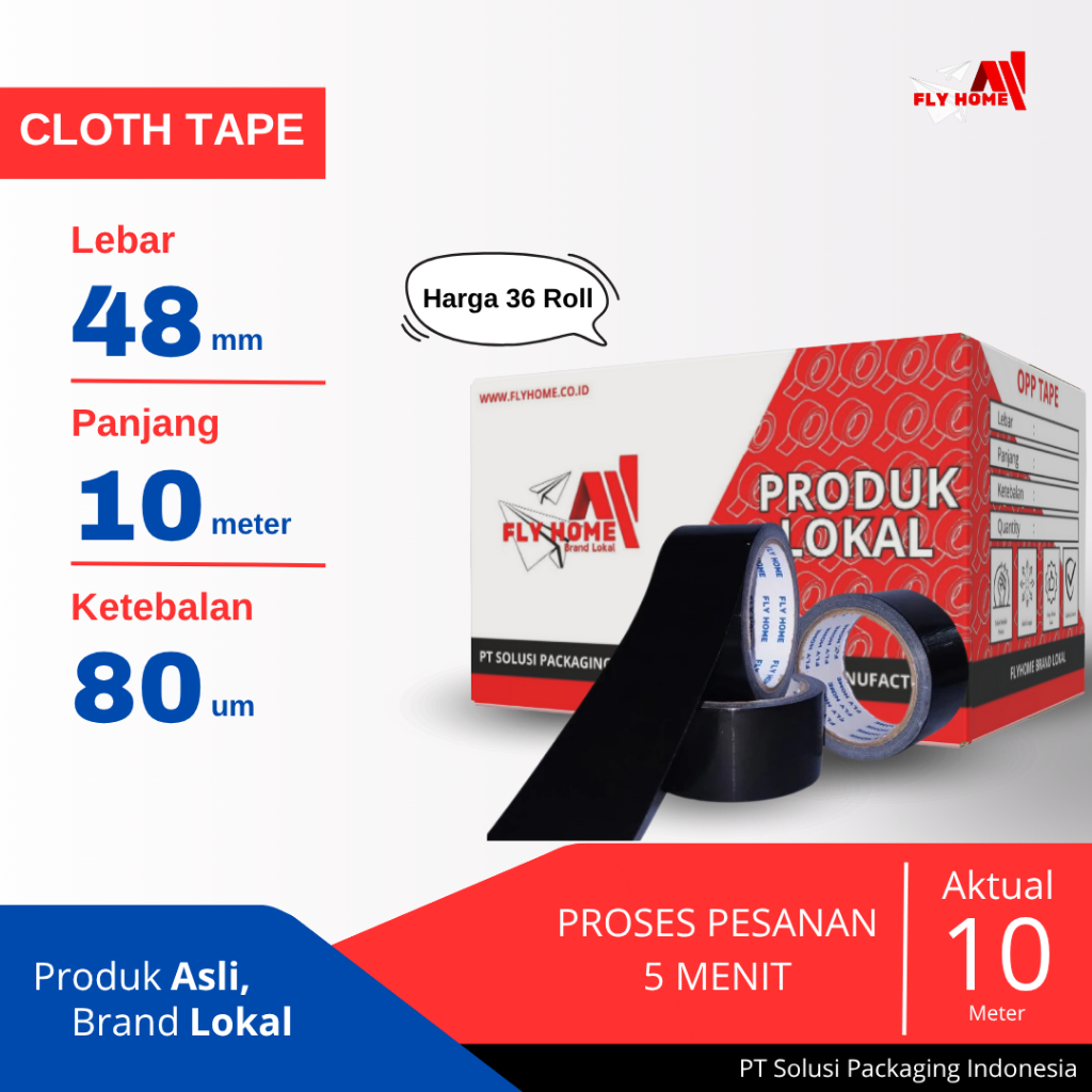 

FLYHOME Lakban jilid/kain 10meter 1/2 dus 48mm x 10m 36 roll cloth tape ukuran full