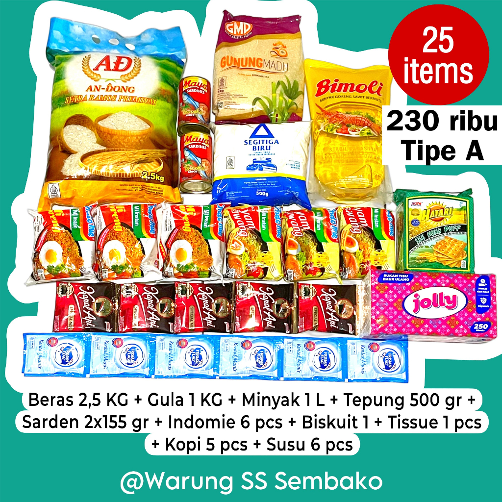 

Paket Sembako 230 ribu Tipe A - Belanja Bulanan Kebutuhan Bahan Pokok Beras Sarden Minyak Gula Tepung Kopi Hampers Bingkisan Lengkap Komplit