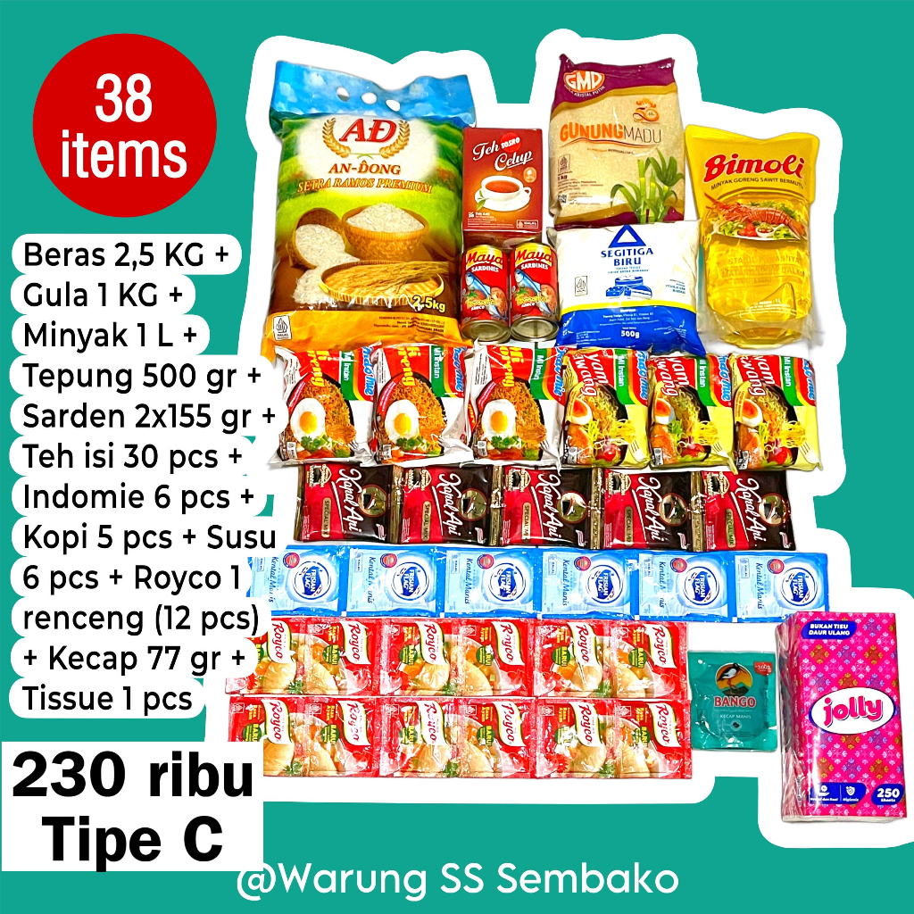 

Paket Sembako 230 ribu Tipe C - Belanja Bulanan Kebutuhan Pokok Beras Minyak Sarden Gula Indomie Teh Lengkap