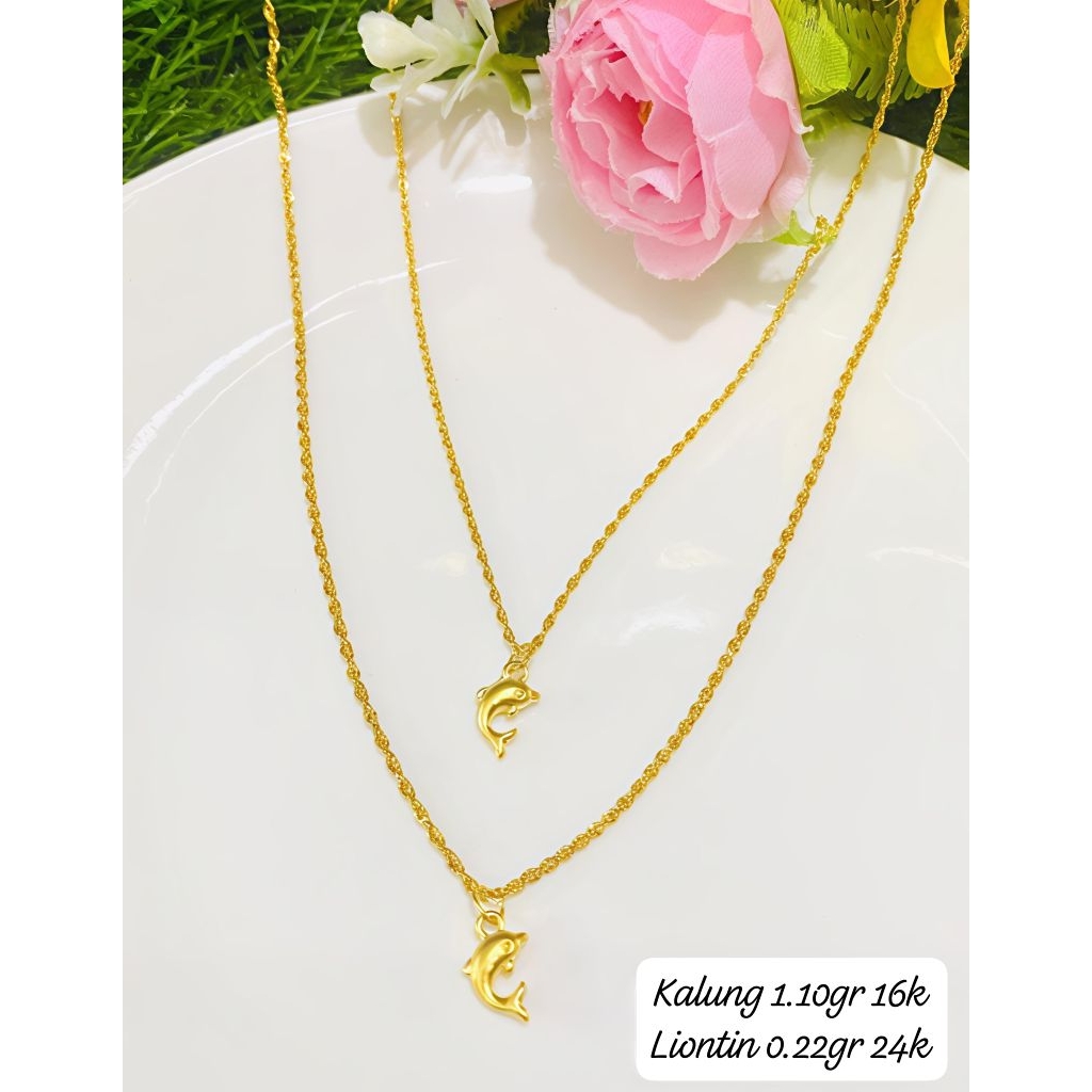 Kalung Emas Asli Korea 16k & Liontin Ikan Lumba 24K Hongkong 999.9