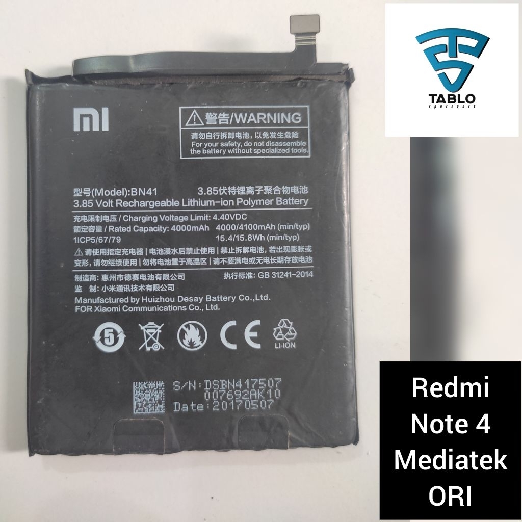 Baterai redmi note 4 mediatek BN41 ORI copotan hp