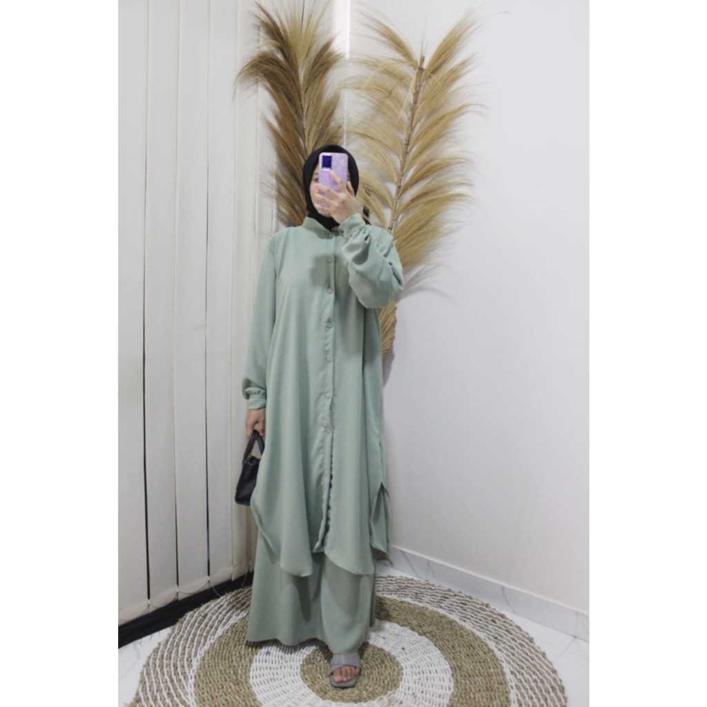 Setelan Tunik polos Wanita Full Kancing Depan Semi Gamis Baju Setelan Terbaru 2025 Chiara Set Crinkl