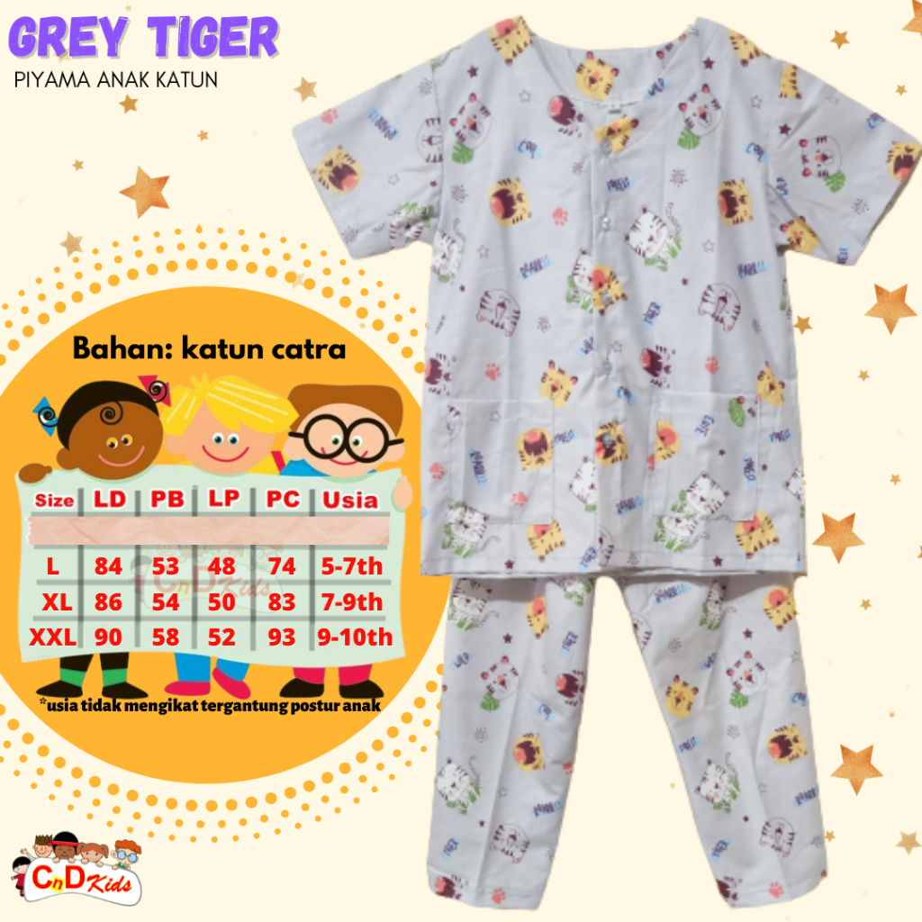 Baju Tidur Piyama Katun Anak Laki Laki 5-10th Motif Macan Tiger Abu