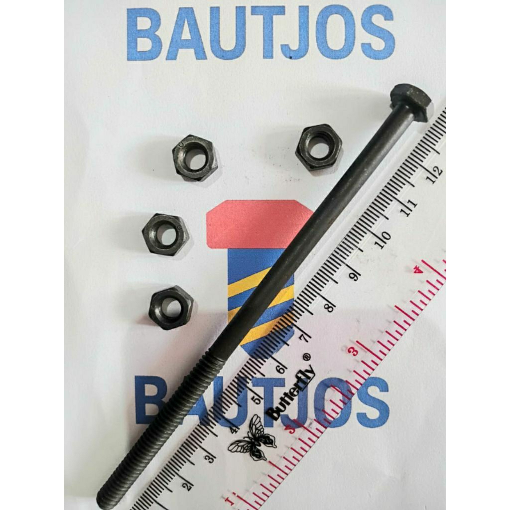 Mur Baut NC 1/4 × 5 inch / Panjang 12.5cm  Kunci 10 Hitam NC 14x12.5 Baut NC / Baut Besi Hitam Drat 