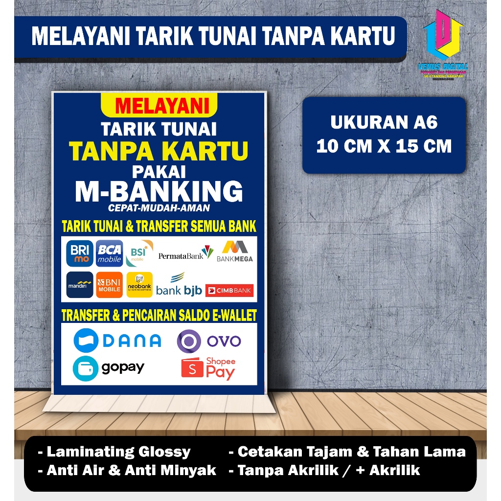 

POSTER BROSUR TERIMA TARIK TUNAI TRANSFER TANPA KARTU PAKAI M BANKING STAND AKRILIK A6 10 X 15 CM