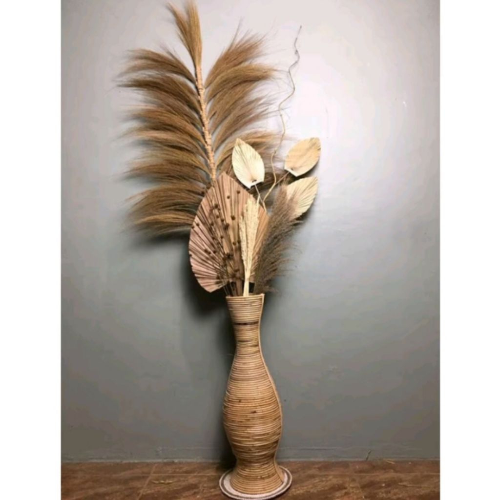 paket bunga kering jumbo sudut ruang vas rotan