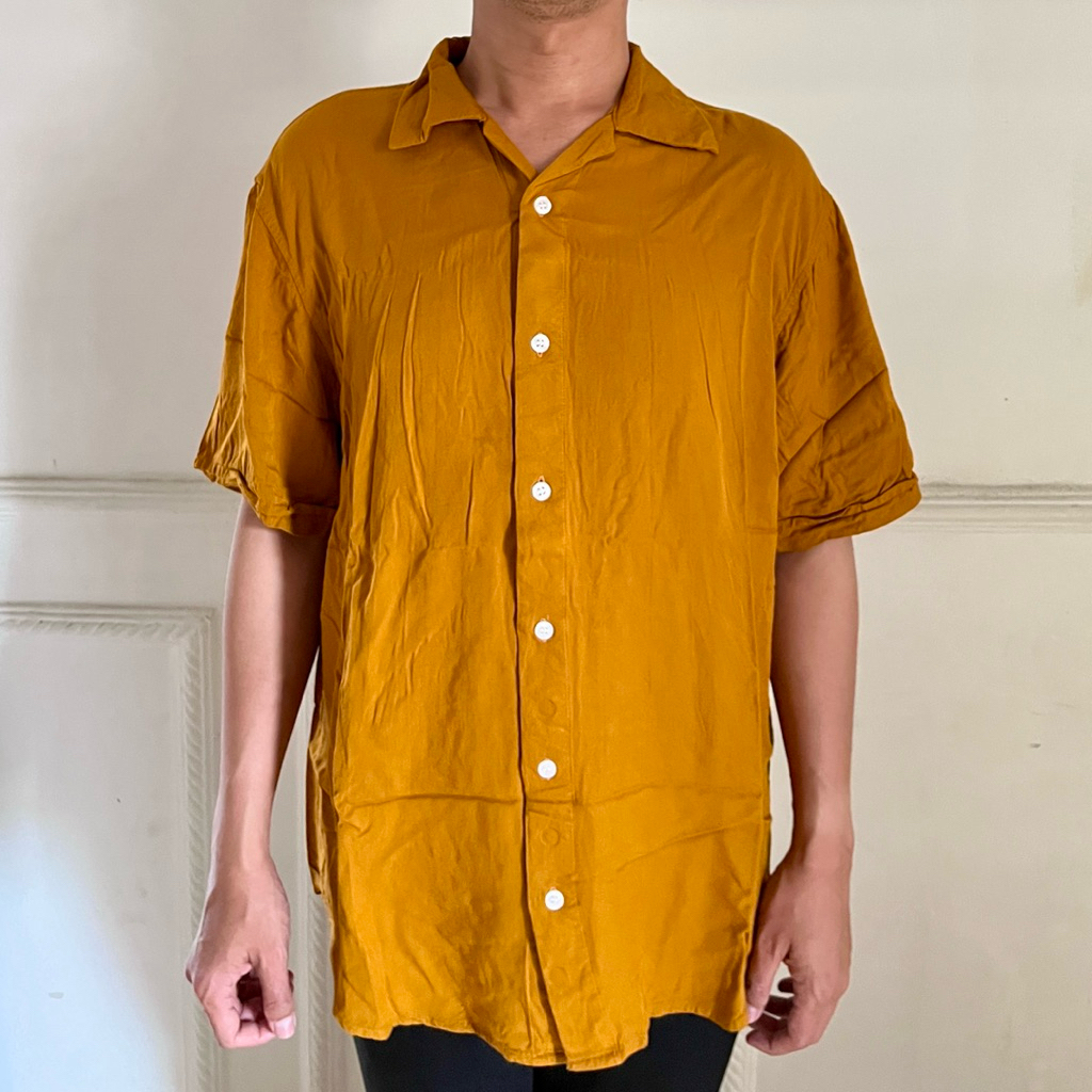 kemeja pria wanita pantai hawaii rayon erigo warna kuning mustard