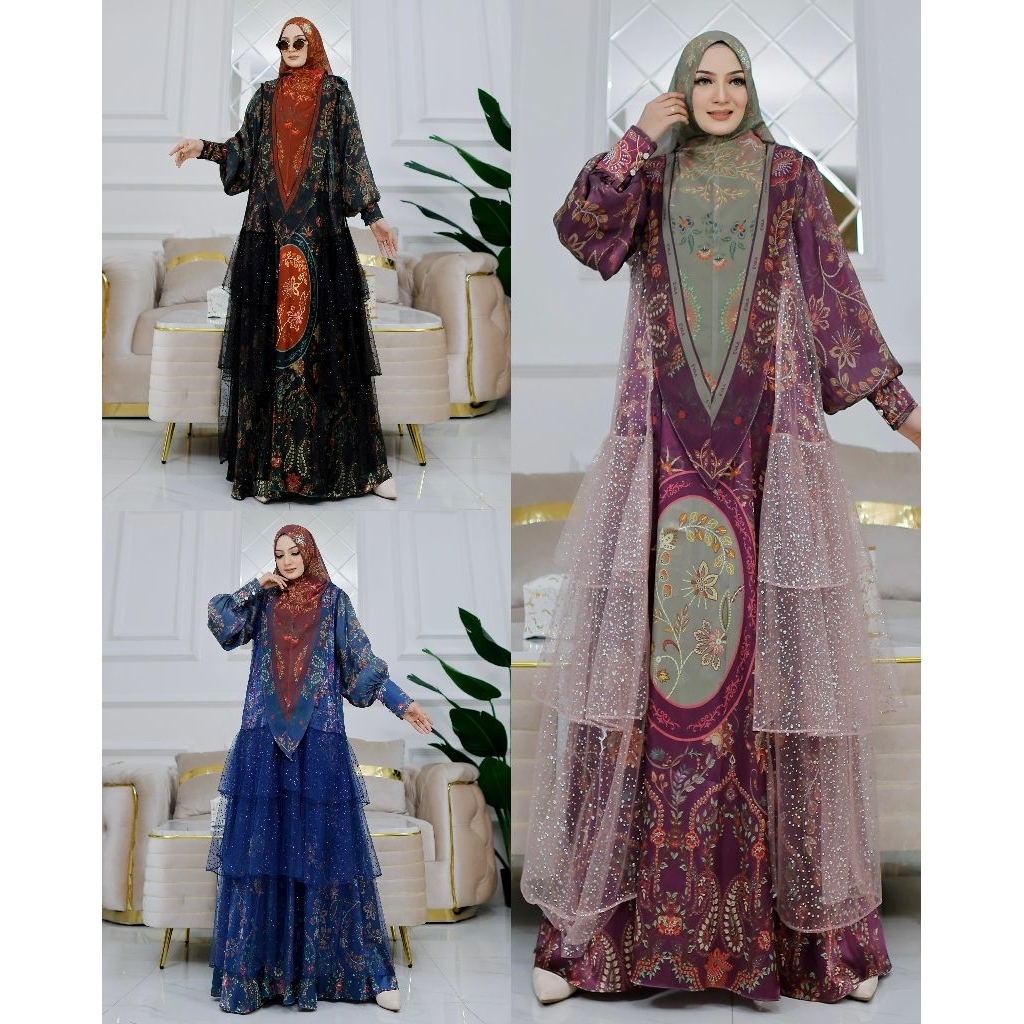 HAIFA series by Yodizein Syari gamis outer set khimar premium gamis printing mewah cantik rekomended