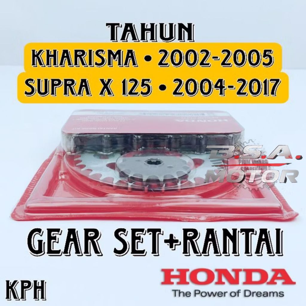 GEAR SET+RANTAI KPH ASLI HONDA KHARISMA 2002-2005, SUPRA X 125 2004-2017, GIR DEPAN BELAKANG PLUS RA