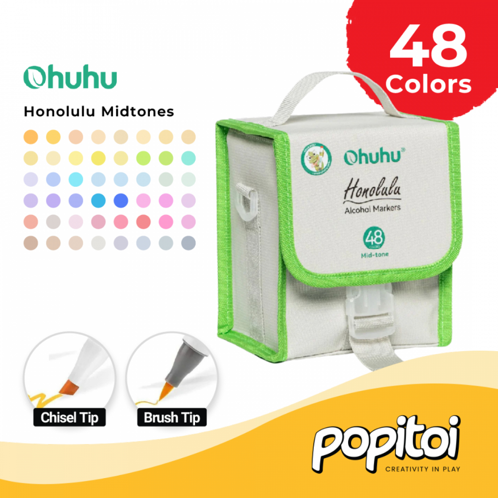 

OHUHU Honolulu Mid-Tone 48 Colors Dual Tip BRUSH and CHISEL Alcohol Water color acrylic Art Marker Spidol Warna Gambar Manga Anime Alkohol Midtone