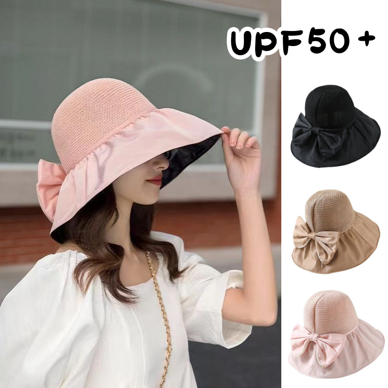 Topi pantai desain lapisan hitam anti sinar matahari Topi visor wanita motif pita lucu casual Topi b