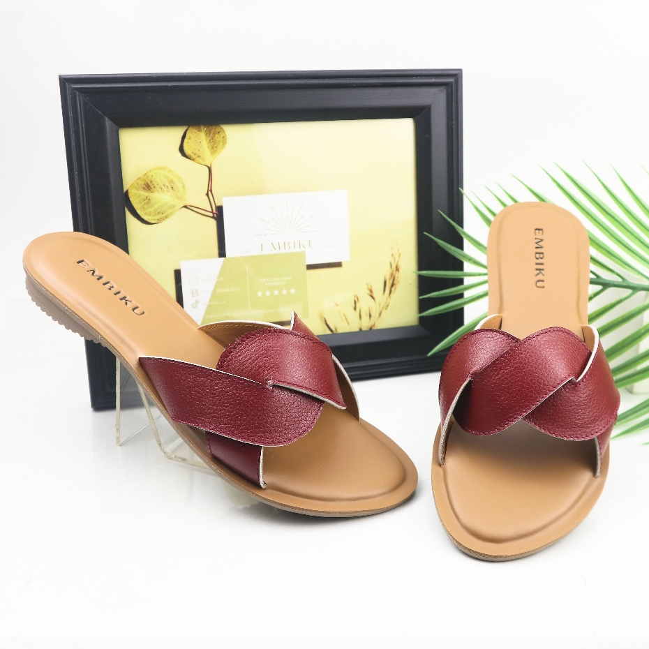 Premium Embiku Indi Sandal Wanita Flat / Teplek Kulit Sapi Asli - Sandal Kulit Wanita