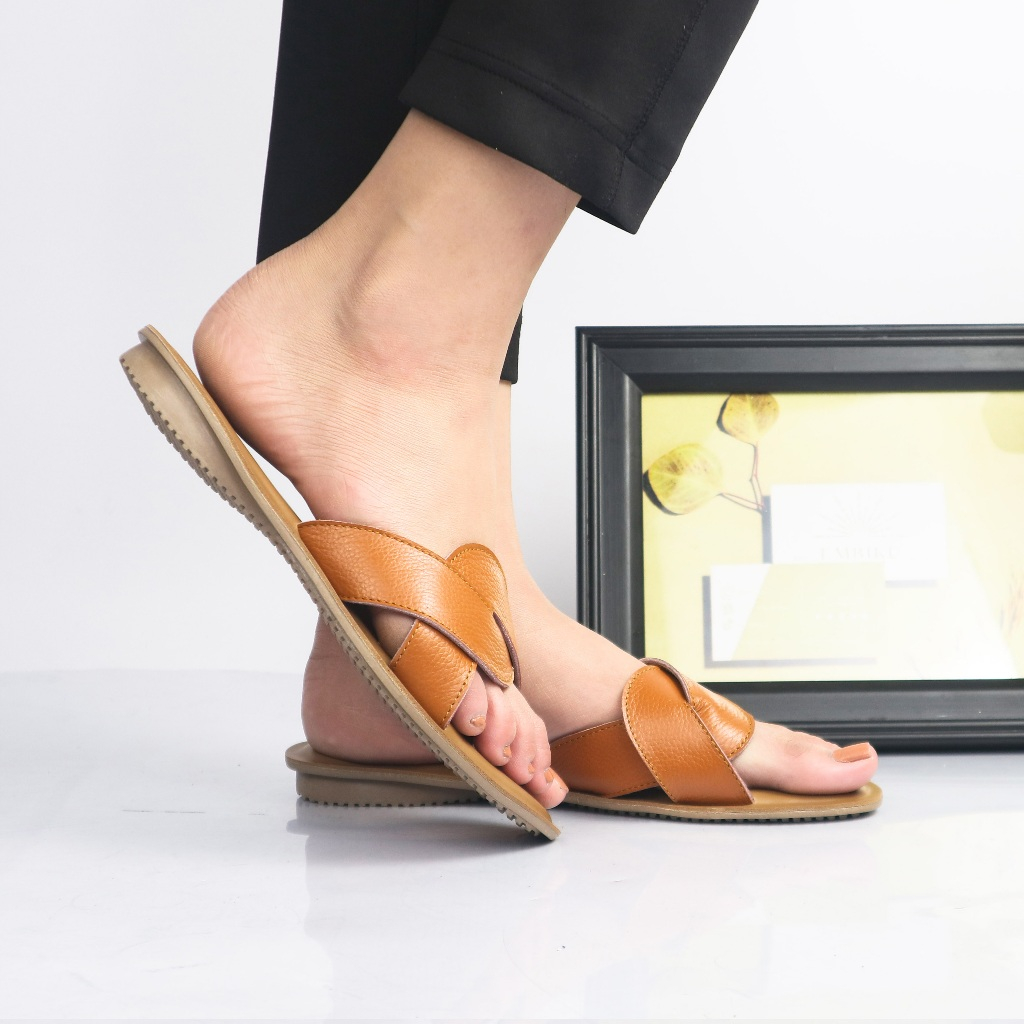 Saless Embiku Indi Sandal Wanita Flat / Teplek Kulit Sapi Asli - Sandal Kulit Wanita