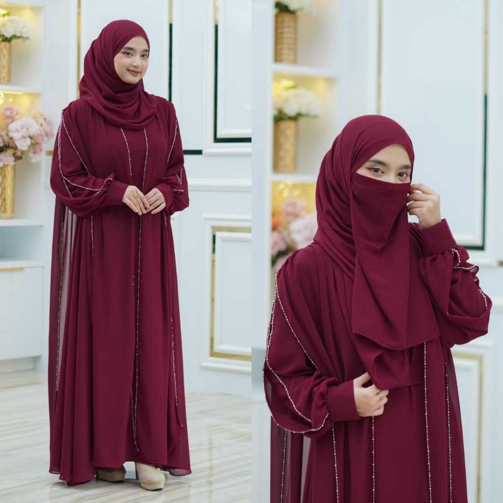 Abaya Mecca Bahan Ceruty Babydoll Premium Set Hijab Pashmina Dan Cadar Full Payet Wanita Remaja Dewa
