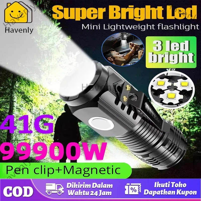 Senter Mini super terang LED 3 Mata jarak jauh 100-200m ori Anti Air Super Terang& Rechargeable【COD】