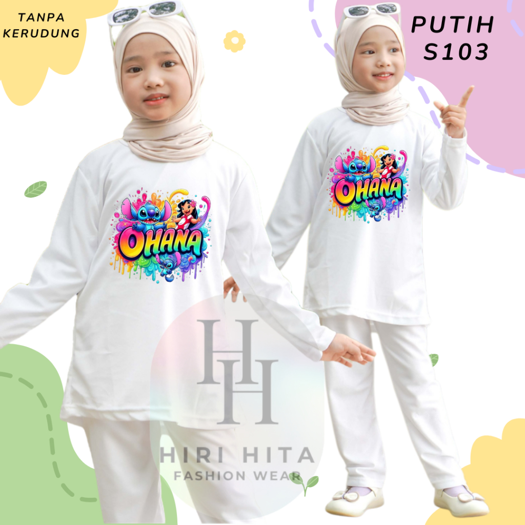 Hirihita S103 Setelan Muslim Tunik One Set Panjang Merah Putih Anak Cewek Lilo Stich Alien Biru
