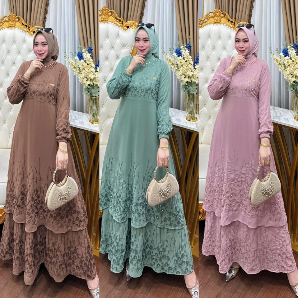 Zifa Fashion || Cod || Maulida Dress Malay Cruty Bordir Siap Kirim || Gamis Malay Bordir Payet Mutia