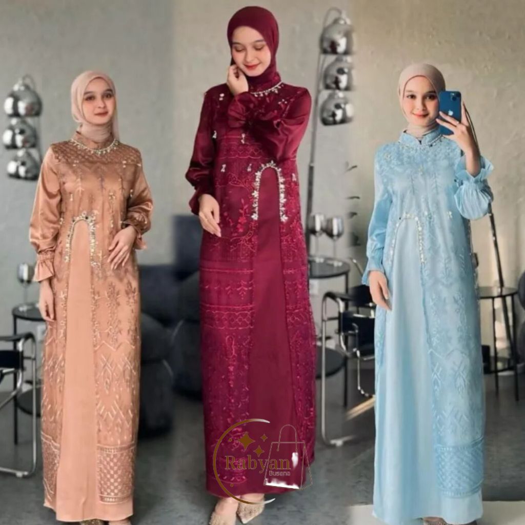 RABYAN MARSYA DRES GAMIS SILK BRUKAT TILE + OUTER MIX PAYET MUTIARA GAMIS KONDANGAN