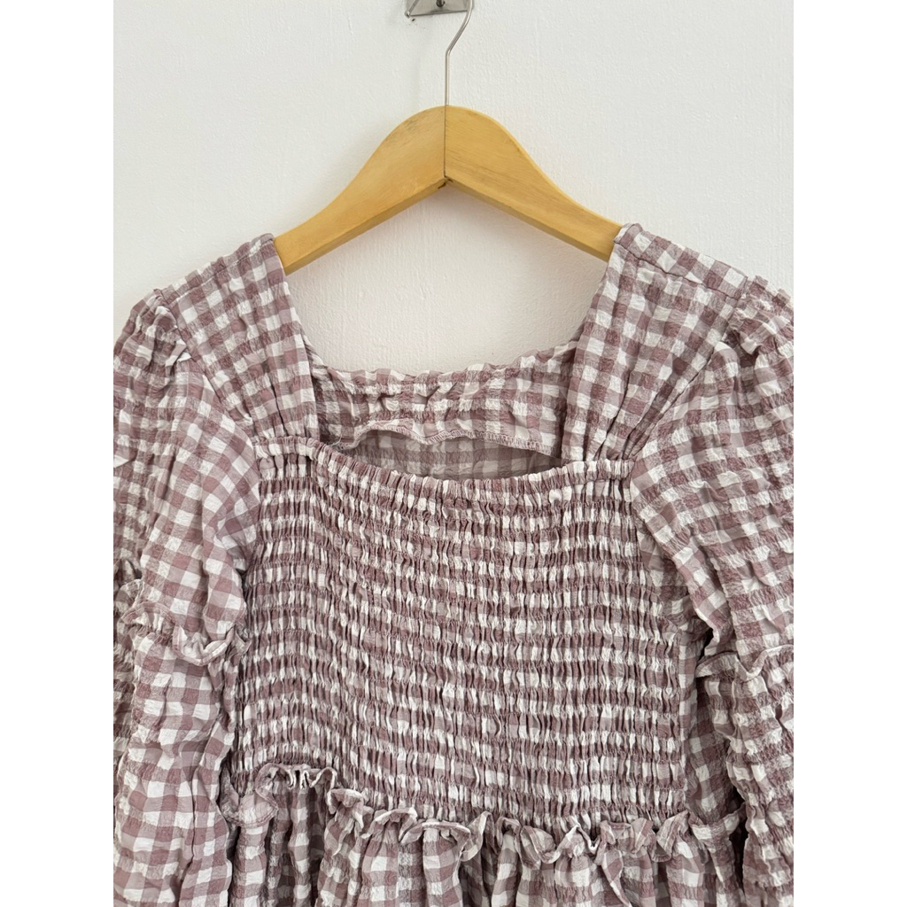 Dress Wanita Kotak2 Model Serut Lilac