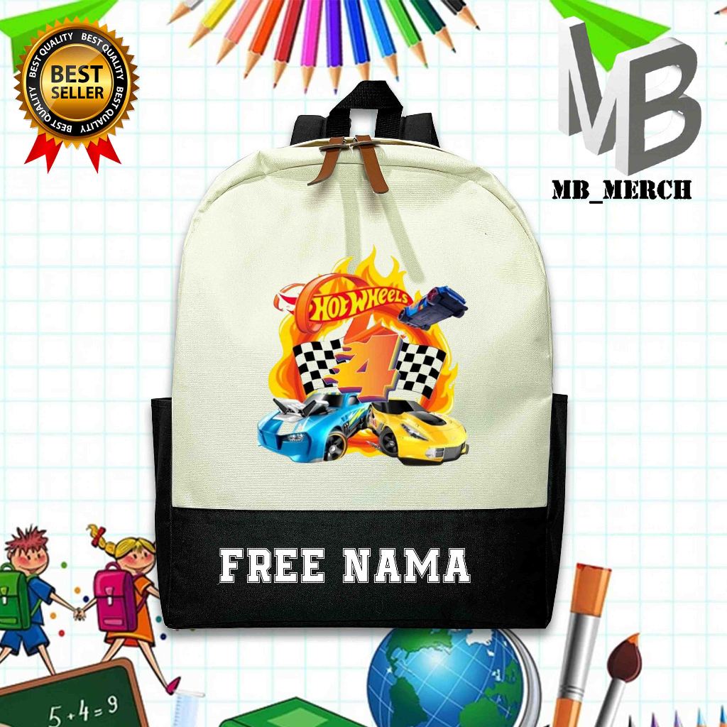 TAS RANSEL HOT WHEELS 4  BACKPACK ANAK SEKOLAH MOTIF HOT WHEELS  UNISEX (FREE NAMA)
