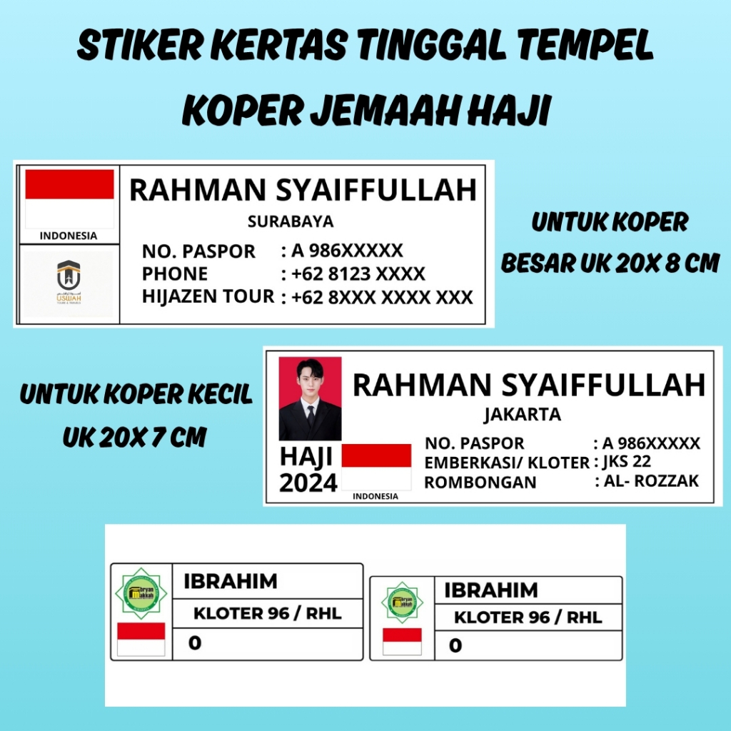 STIKER KERTAS NAMA TINGGAL TEMPEL UNTUK KOPER JEMAAH HAJI/UMROH