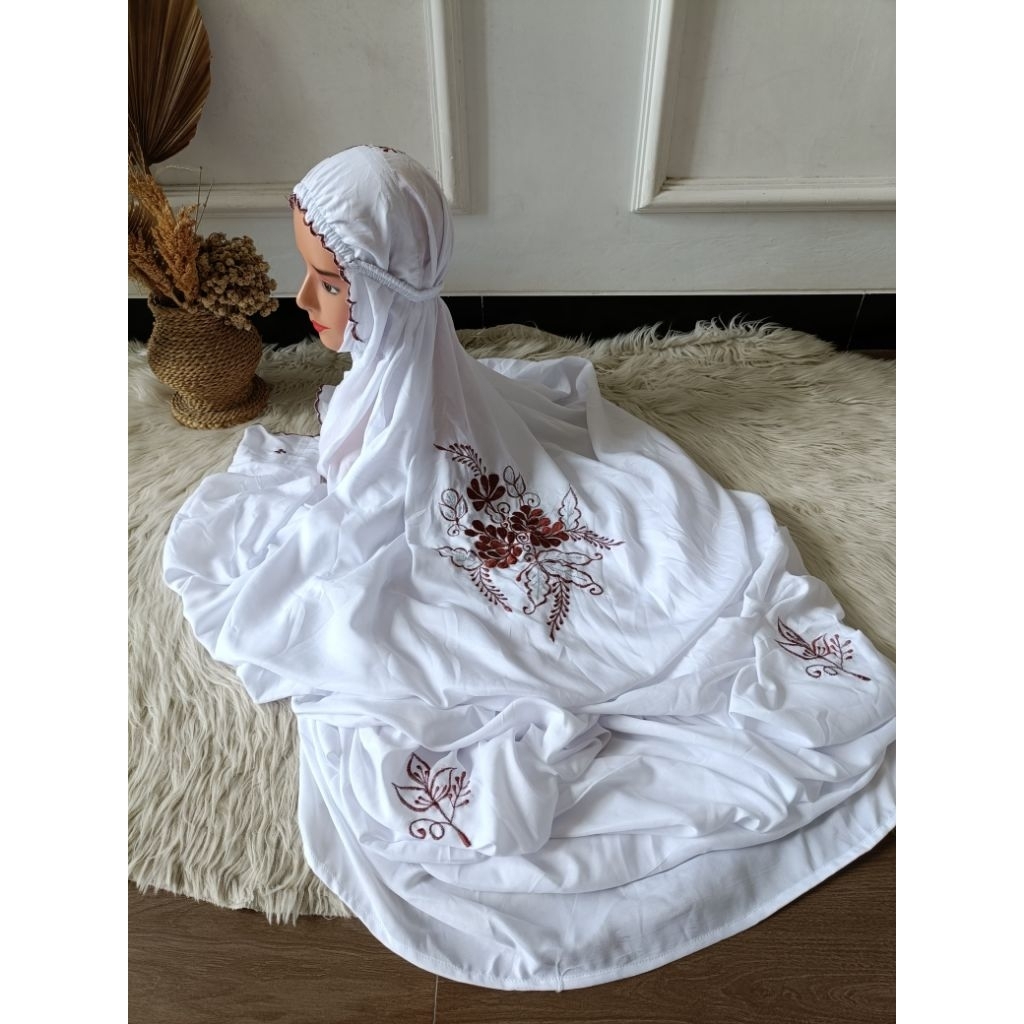 Mukena katun mikro putih bordir punggung/mukena bordir rambat/ mukena terusan dewasa jumbo