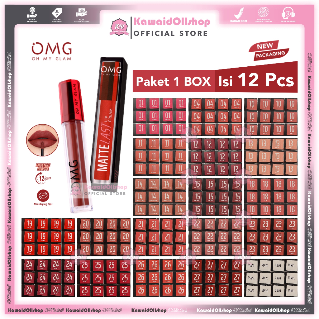 OMG Oh My Glam [BOX] Mattelast Lip Cream / Lipstick Paket 1 Box Isi 12 Pcs | Tahan Lama /Lusin (OMG 