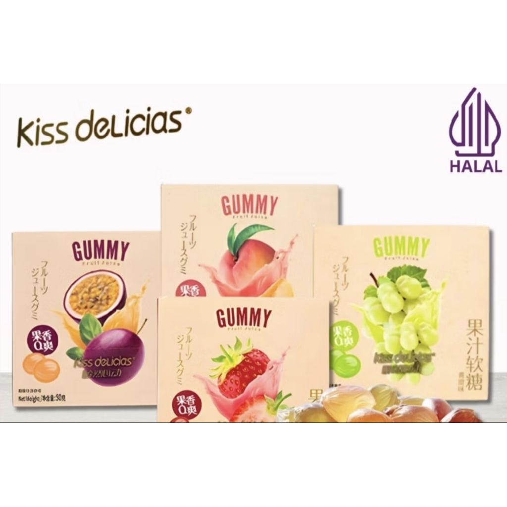 

Kiss Delicias Gummy Fruit Juice Peach,Grape,,Strawberry & Passion Fruit Halal 50gr