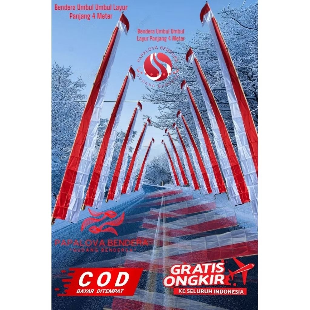 Bendera Umbul Umbul Layur Isi 20 Pcs (1 Kodi) Umbul Umbul Layur Merah Putih 4 Meter