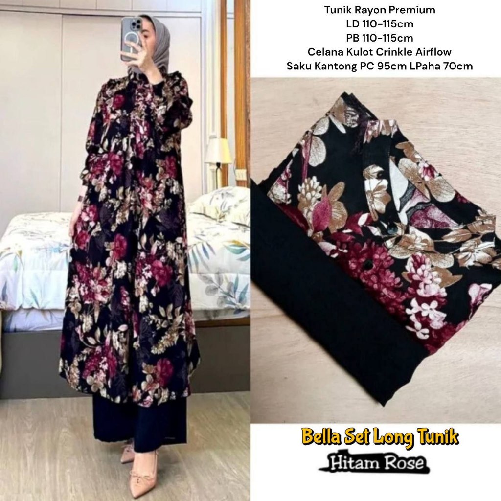 Bella Set Long Tunik - One Set Wanita Kekinian Baju Setelan Wanita Outfit Celana Kulot LD 1100 cm