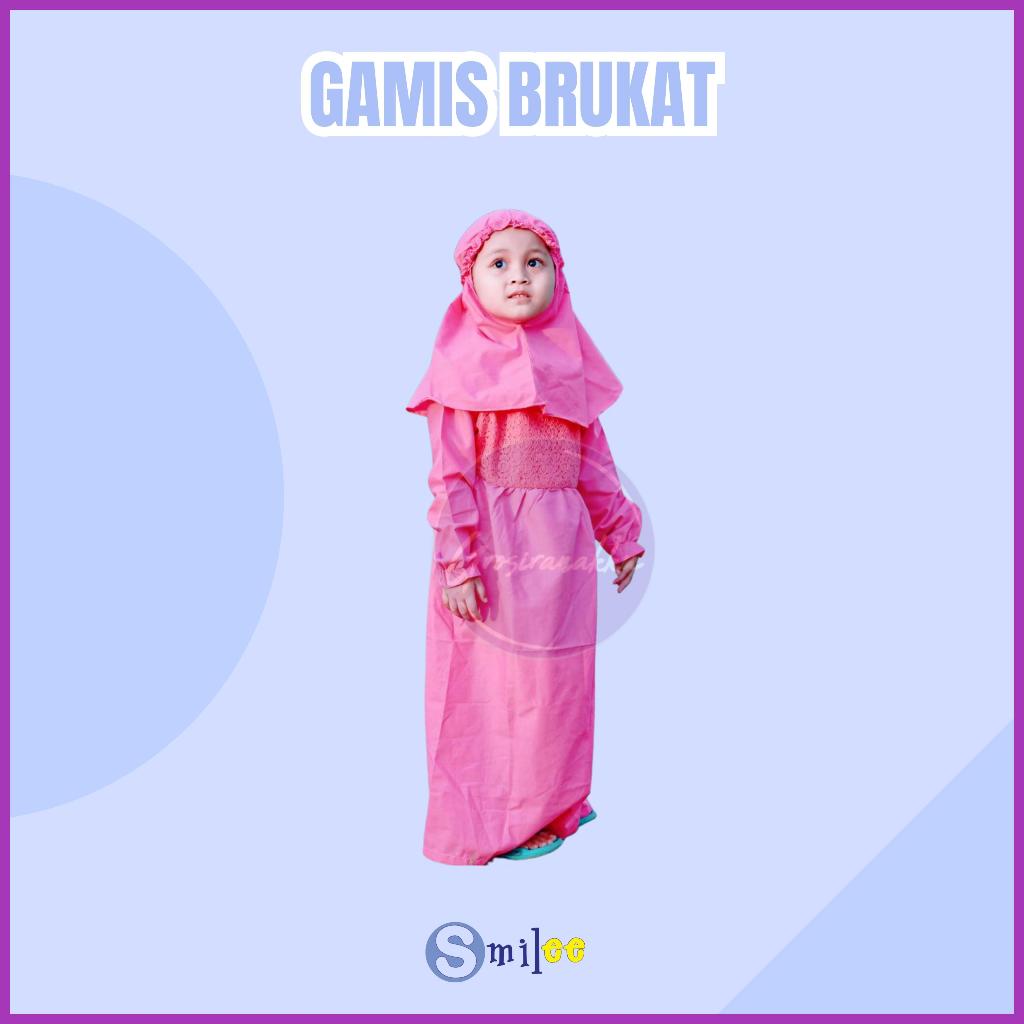 Gamis Kerudung Anak Aplikasi Brukat Pink Fanta Size 1-6Tahun