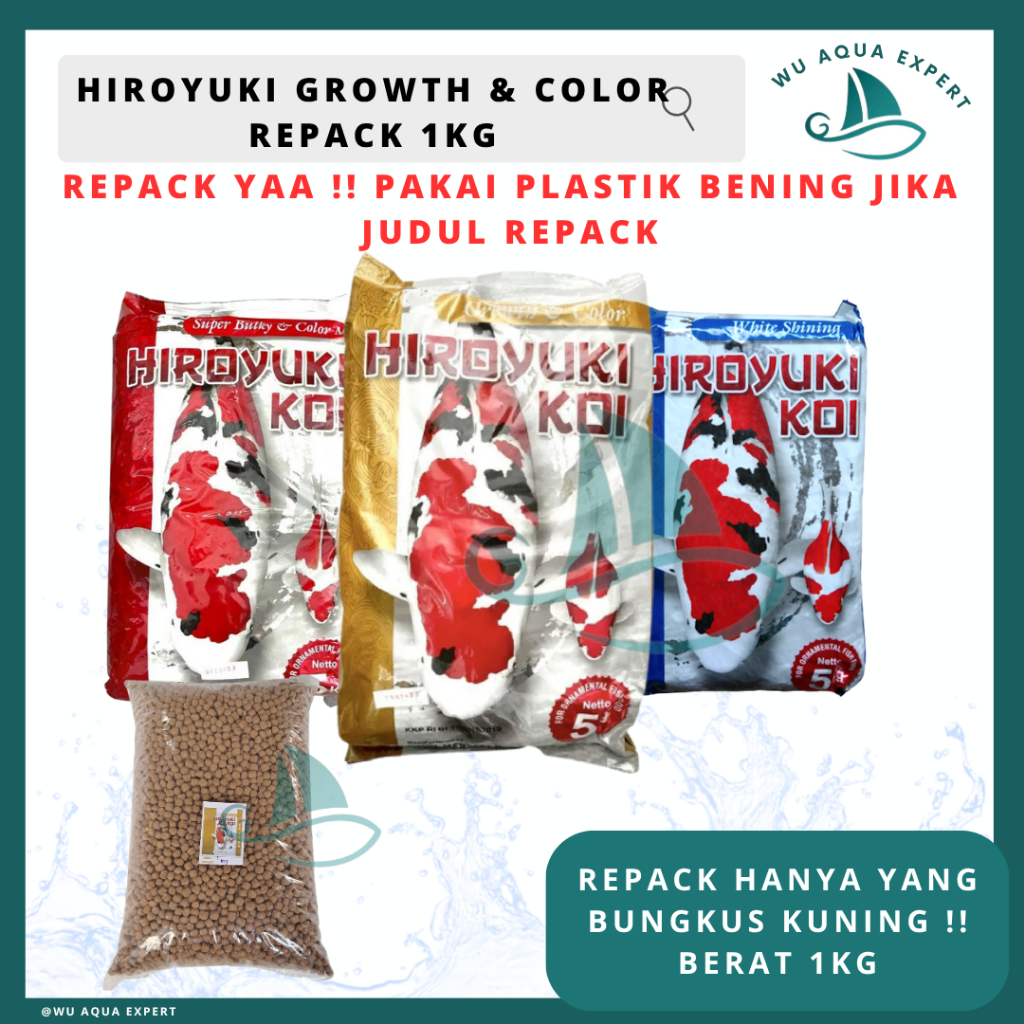 Repack 1 Kg HIROYUKI KOI GROWTH, BULKY & COLOR, WHITE SHINNING S, M, L (2, 5, 8 mm) Pakan Pelet Maka