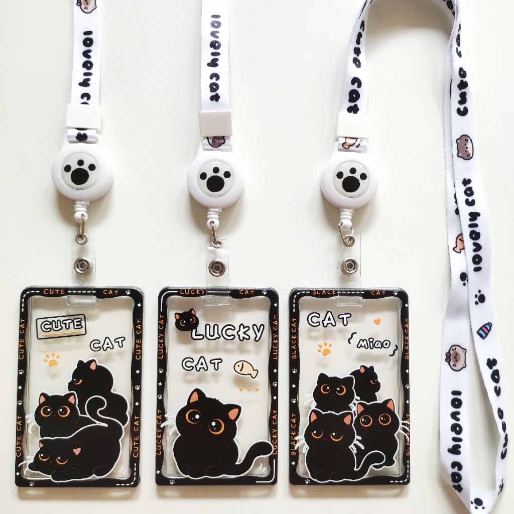 

ID Card Holder Name Tag Lanyard Badge Reel Kalung Wadah Kartu Identitas Tap E-money Cute Black Cat Motif Kucing Hitam Lucu