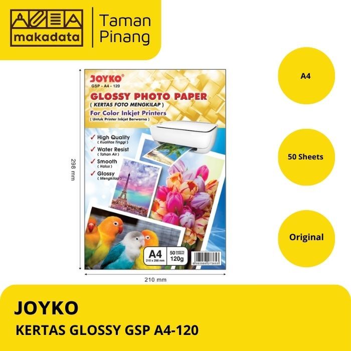 

JOYKO KERTAS GLOSSY A4-120 GSM ISI 50 LEMBAR / KERTAS FOTO / GLOSSY PHOTO PAPER (1 PCS)
