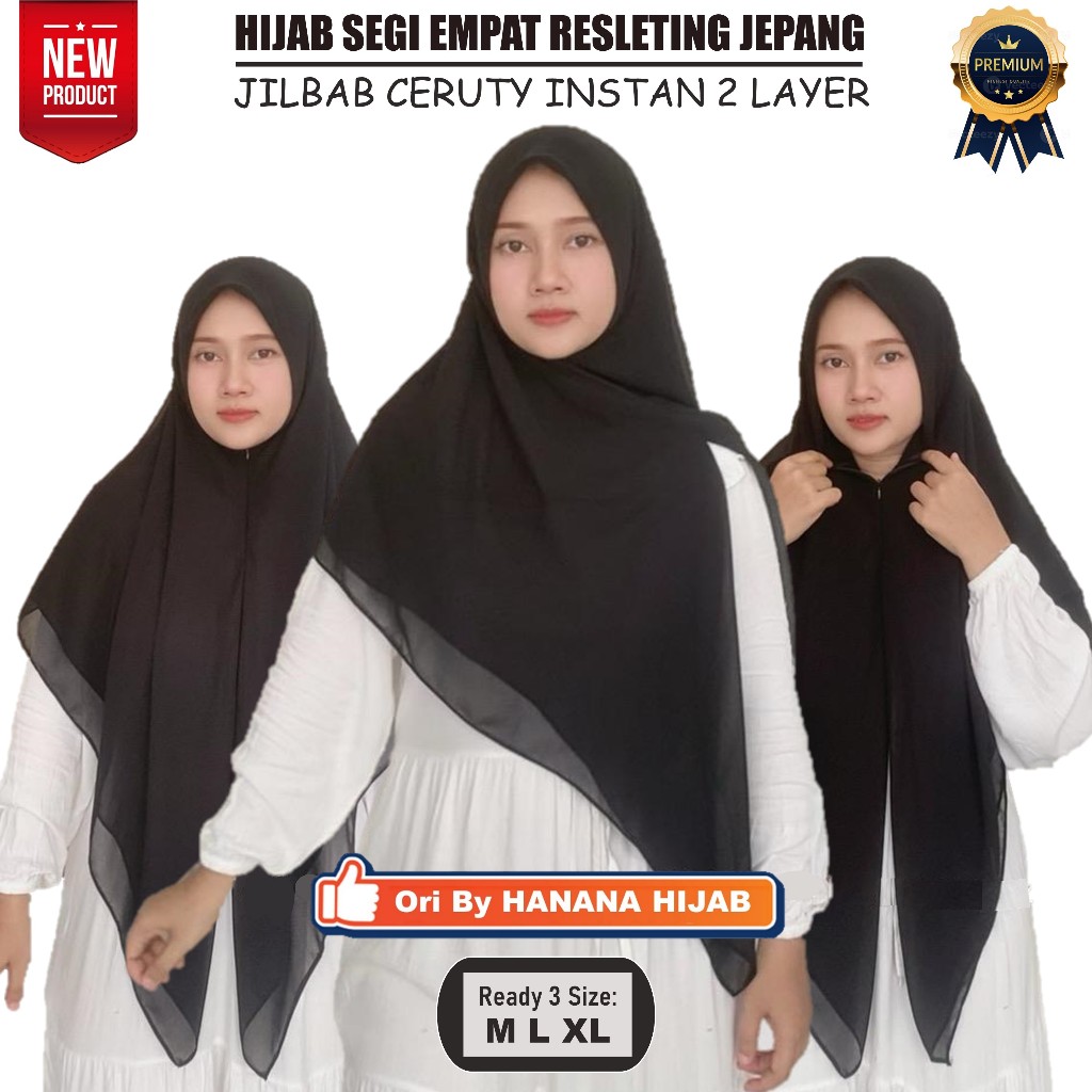 Hijab Segi Empat Resleting Jepang Jilbab Ceruty Instan 2 Layer Khimar Syari Premium Kerudung Panjang