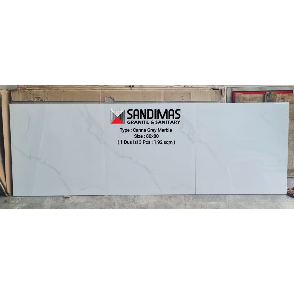 GRANIT MURAH 80X80 SANDIMAS CANNA GREY MARBLE PREMIUM GLAZED POLISH PACKAGING EUROGRESS